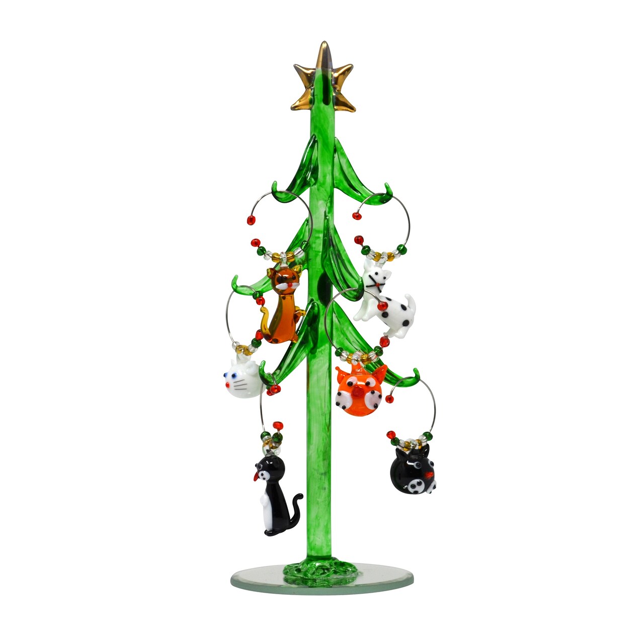 GC Home & Garden Hand Crafted Glass Christmas Tree with Cat Wine Bottle Charm Ornaments - 8"